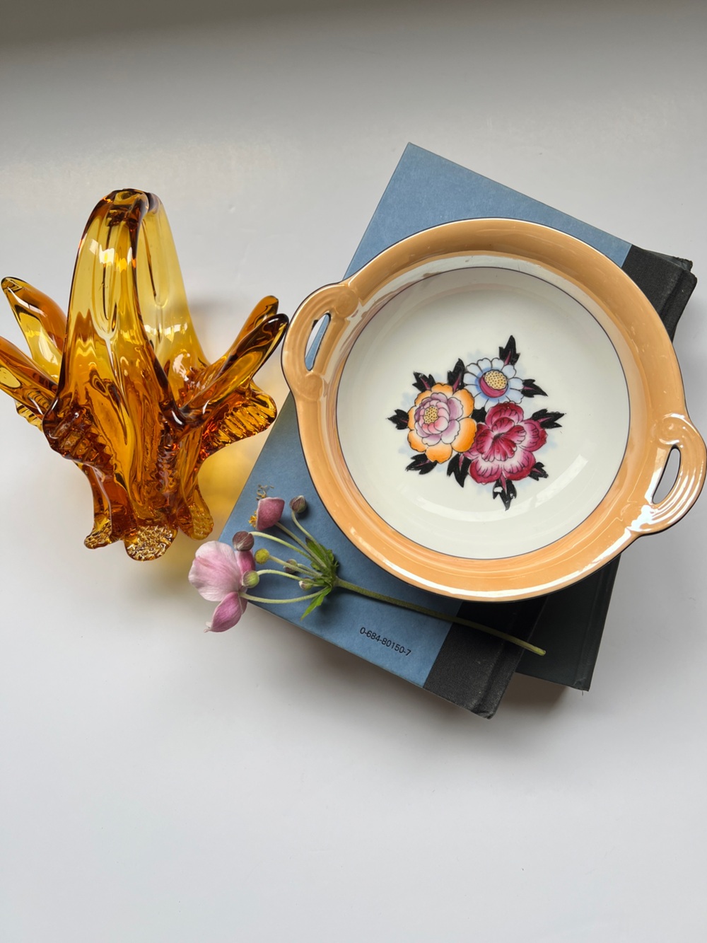 Vintage Noritake Floral Dish & Amber Art Glass Basket – Decor Bundle